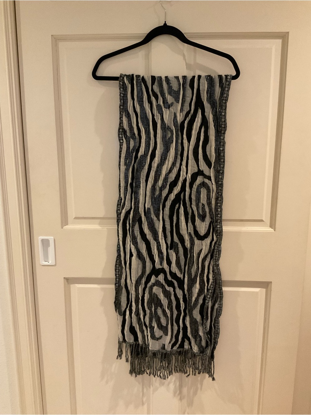 Tolani black and white zebra print wool scarf warp shawl texture fringe